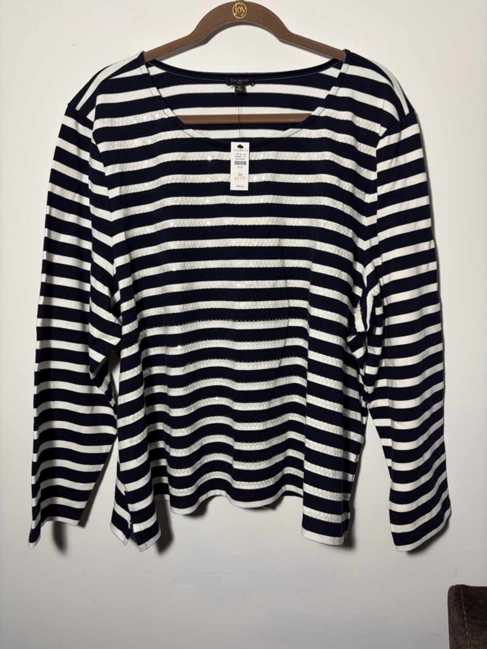 Talbots Navy and White Sequin & Striped Long Sleeve Scoop Neck Top - NWT - 3X